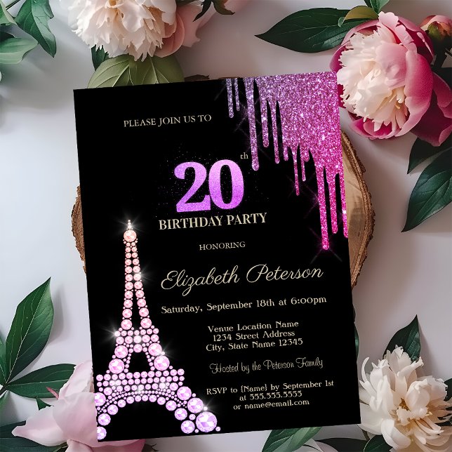Convite Glitter Drips,Eiffel Tower Diamonds 20th Birthday (Criador carregado)