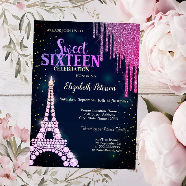 Convite Glitter Drips,Eiffel Tower Marinho Blue Sweet 16 (Criador carregado)