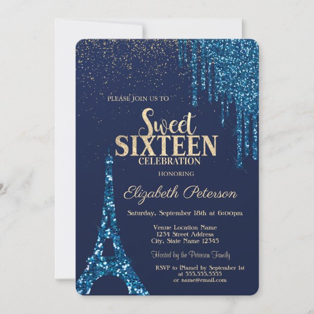 Convite Glitter Drips,Eiffel Tower Marinho Blue Sweet 16 (Frente)