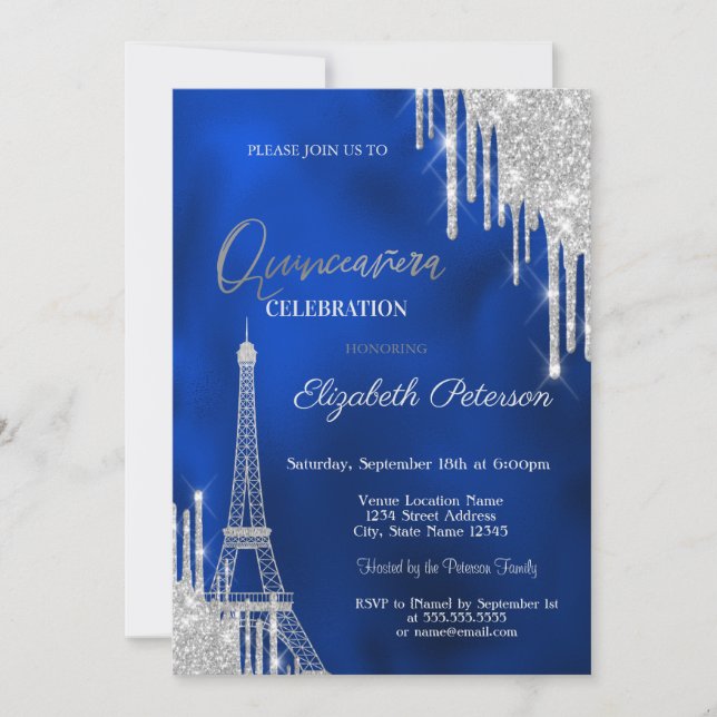Convite Glitter Drips, Eiffel Tower Royal Blue Quinceañera (Frente)