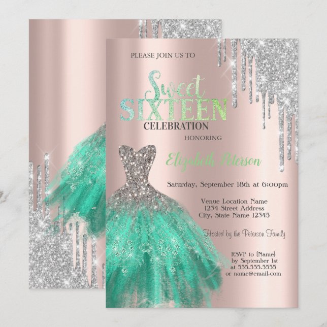 Convite Glitter Drips,Green Dress Rosa Dourado Sweet 16 (Frente/Verso)