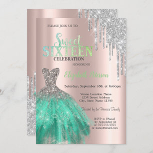 Convite Glitter Drips,Green Dress Rosa Dourado Sweet 16
