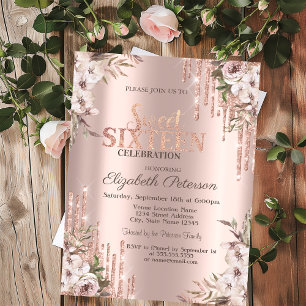 Convite Glitter Drips Rosa Dourado Boho Flores Doce 16