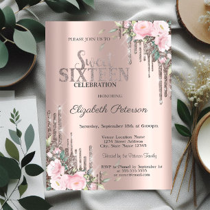 Convite  Glitter Drips Rosa Dourado Floral Sweet 16 