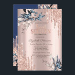 Convite Glitter Drips Rosa Dourados Flores de inverno Doce<br><div class="desc">Um moderno,  chic e glamouroso Sweet 16 com gotas de brilho e flores azuis de inverno sobre fundo de rosa.</div>