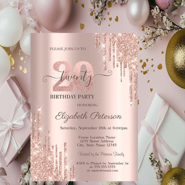 Convite Glitter Drips Rose Gold 20th Birthday Party (Criador carregado)