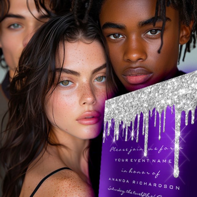 Convite Glitter Drips Silver Purple Bridal Sweet 16º (Glitter Drips Silver Purple Bridal Sweet 16th Invitation)