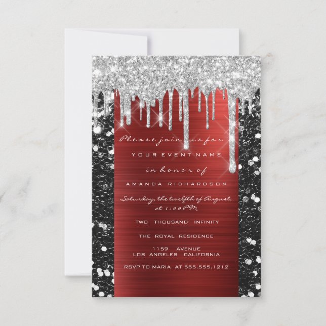 Convite Glitter Drips Silver Red Black Bridal Sweet 16º (Frente)