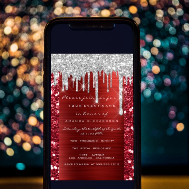 Convite Glitter Drips Silver Red Ruby Bridal 16º (Criador carregado)