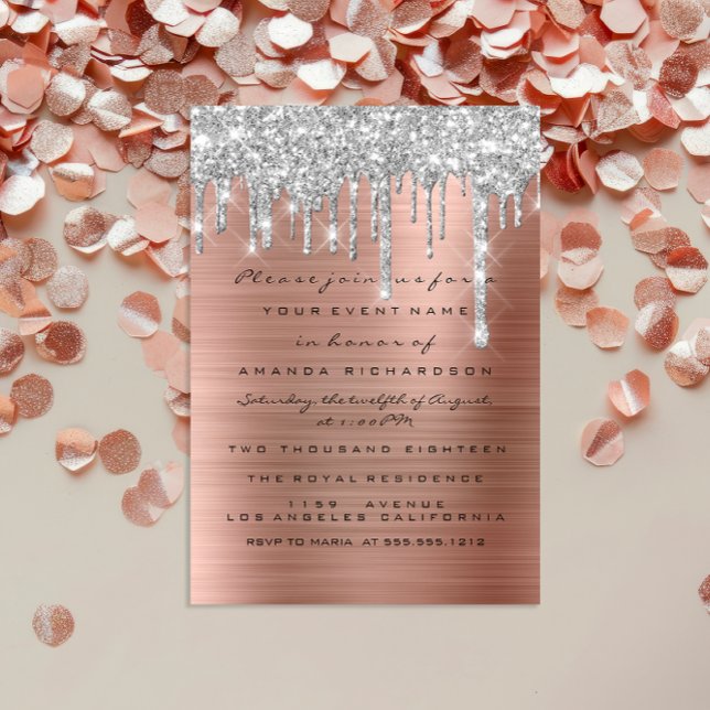 Convite Glitter Drips Silver Rosa Dourado Bridal 16º (Glitter Drips Silver Rose Gold Bridal Sweet 16th Invitation)