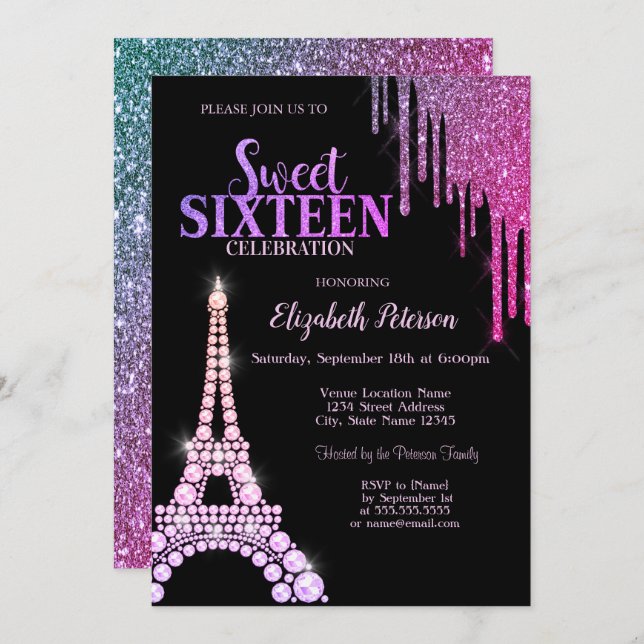 Convite Glitter Drips,Torre Eiffel Black Sweet 16 (Frente/Verso)