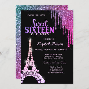 Convite Glitter Drips,Torre Eiffel Black Sweet 16