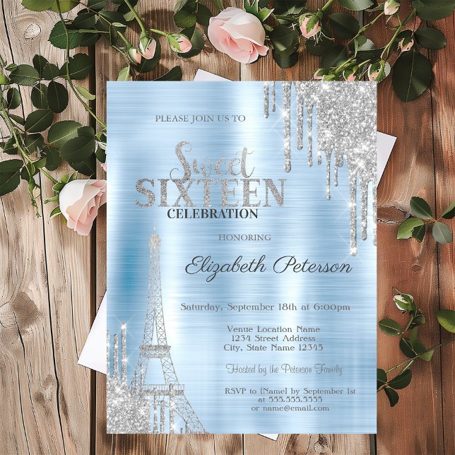 Convite Glitter Drips, Torre Eiffel Blue Metallic Sweet 16 (Criador carregado)