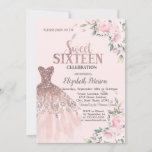 Convite Glitter Drips,Vestido,Flores Rosa Doce 16<br><div class="desc">Vestido elegante de ouro rosa,  e flores cor-de-rosa em fundo rosa.</div>