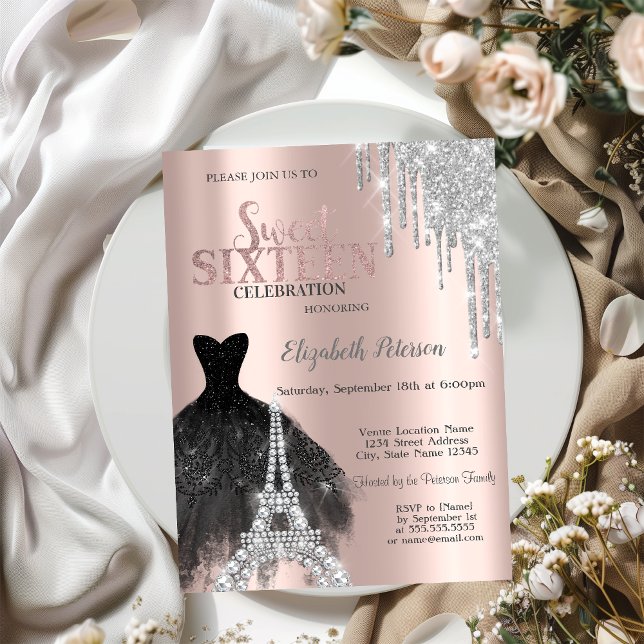 Convite Glitter Drips,Vestido,Torre Eiffel Sweet 16 (Criador carregado)