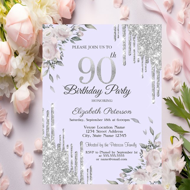 Convite Glitter Drives, Flores Lavander 90 Birthday (Criador carregado)