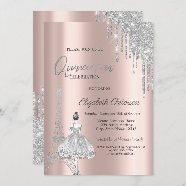 Convite Glitter Drives, Torre Eiffel Ballerina Quinceañera (Frente/Verso)