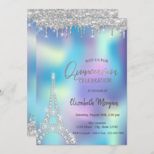 Convite Glitter Drop Diamantes Eiffel Tower Quinceanera