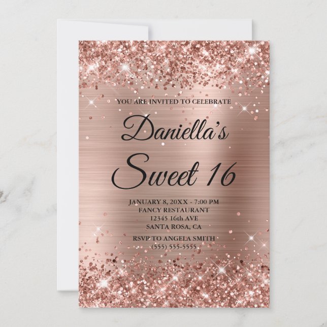 Convite Glitter e Folha de Ouro Rosa Sweet 16 (Frente)