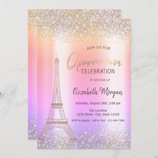 Convite Glitter Eiffel Confetti Ombre Quinceañera (Frente/Verso)