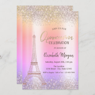 Convite Glitter Eiffel Confetti Ombre Quinceañera