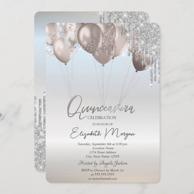 Convite Glitter Elegante Coloca Balões Silver Quinceañera (Frente/Verso)