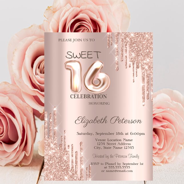 Convite Glitter Elegante Drips Rosa Dourado Sweet 16 (Criador carregado)