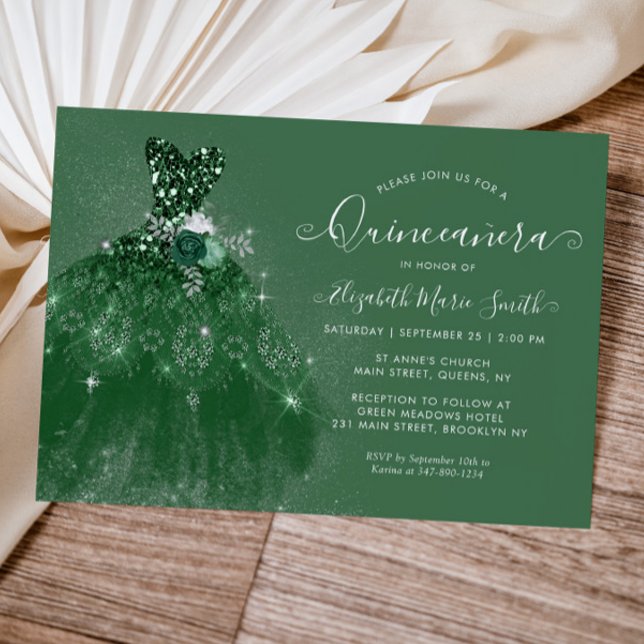 Convite Glitter Emerald Green Silver Dress Quinceanera (Criador carregado)