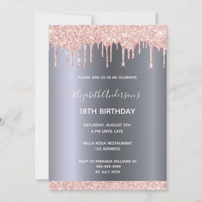 Convite Glitter festa de aniversário de ouro 18ª rosa ping (Frente)