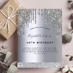 Convite Glitter festa de aniversário prateado gota glamour<br><div class="desc">Um convite moderno, na moda e glamouroso para a 50ª festa de aniversário (ou qualquer idade) da mulher. Um fundo metálico prateado com aparência falsa, pingado de cintilação prateada, aparência de pingar. O nome é escrito com um moderno script estilo escrito à mão preta. Personalize e adicione um nome, idade...</div>