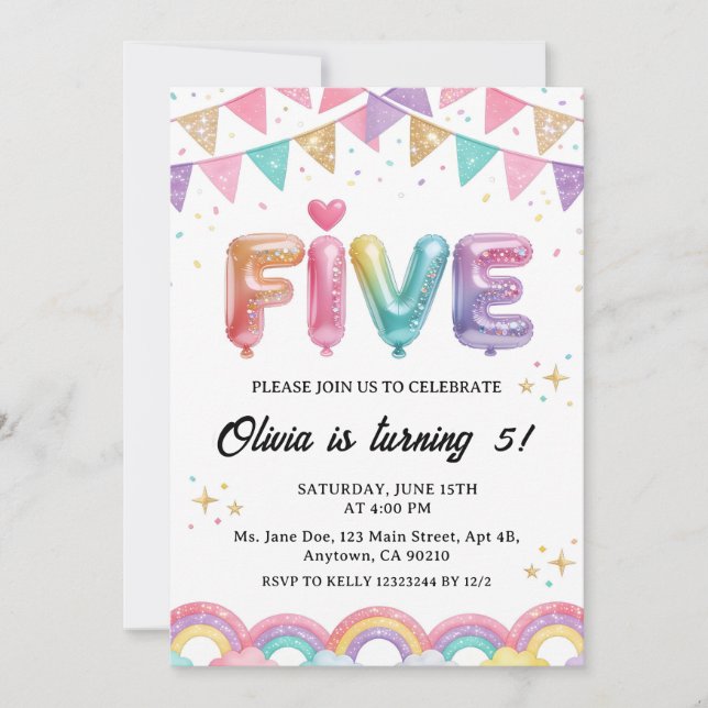 Convite Glitter FIVE Girly Rainbow Sequin 5th Birthday (Frente)
