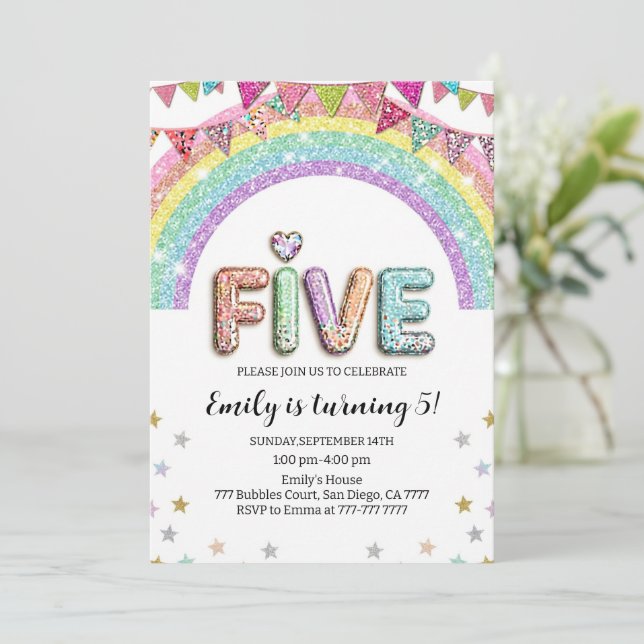 Convite Glitter FIVE Girly Rainbow Sequin 5th Birthday (Em pé/Frente)
