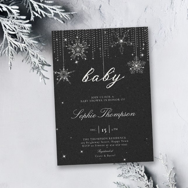 Convite Glitter Flocos de Neve BW Chá de fraldas Neutro de (gender neutral winter bridal shower invitation black white christmas elegant rhinestones bling class)