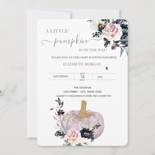 Convite Glitter Floral Abóbora Pontos Baby Shower  (Frente)