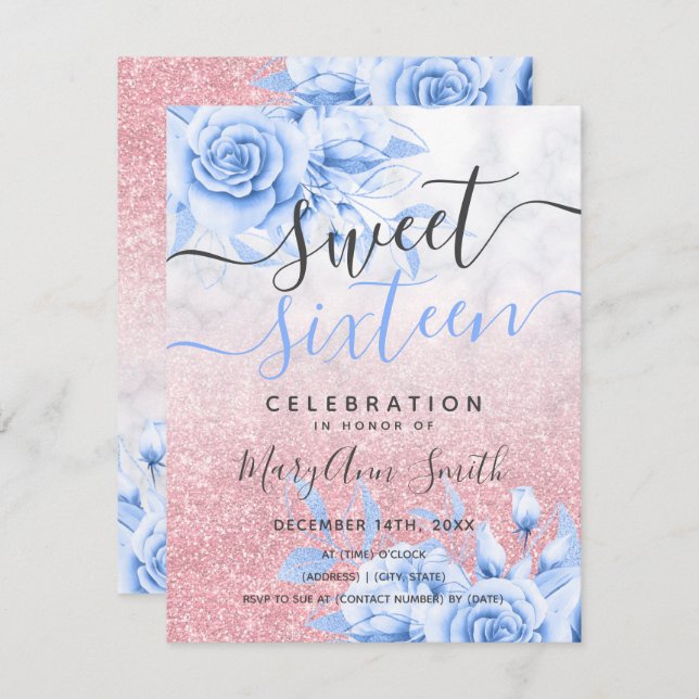 Convite Glitter Floral Azul-Dourado rosa Doce 16 (Frente/Verso)