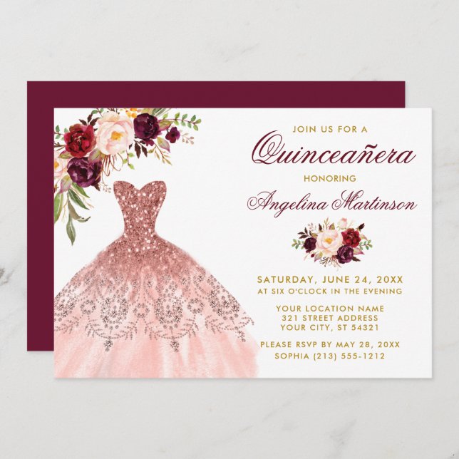 Convite Glitter Floral Dourado Quinceanera (Frente/Verso)