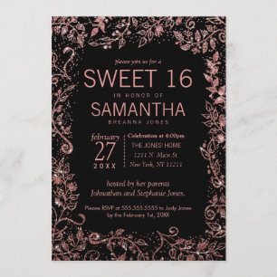 Convite Glitter Floral Dourado Rosa a preto Doce 16