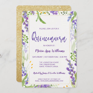 Convite Glitter Floral Elegante De Lavanda Dourada Quincea