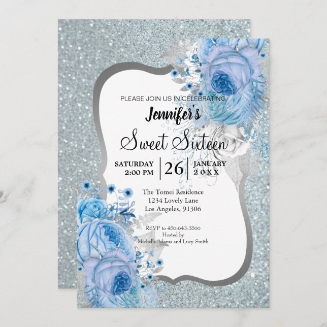 Convite Glitter Floral Sweet 16 Aniversário (Frente/Verso)