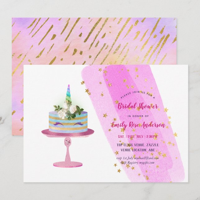 Convite Glitter Foil Look UNICORN CAKE Girls Party ANY (Frente/Verso)