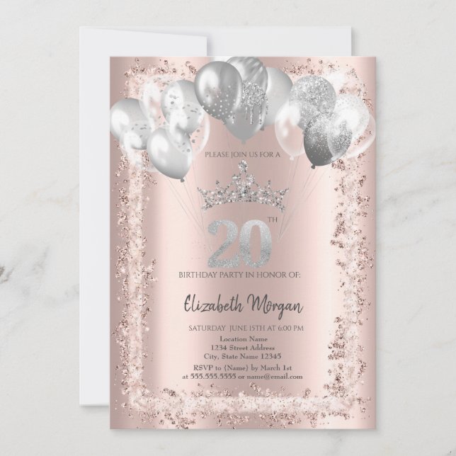 Convite Glitter Frame,Silver Crown,Balloons 20th Birthday (Frente)