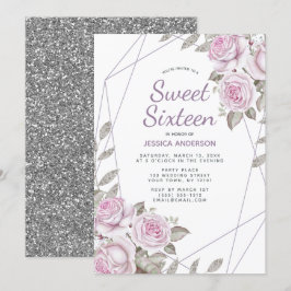 Convite Glitter Geométrico de Prata Rosa Púrpura Doce Deze