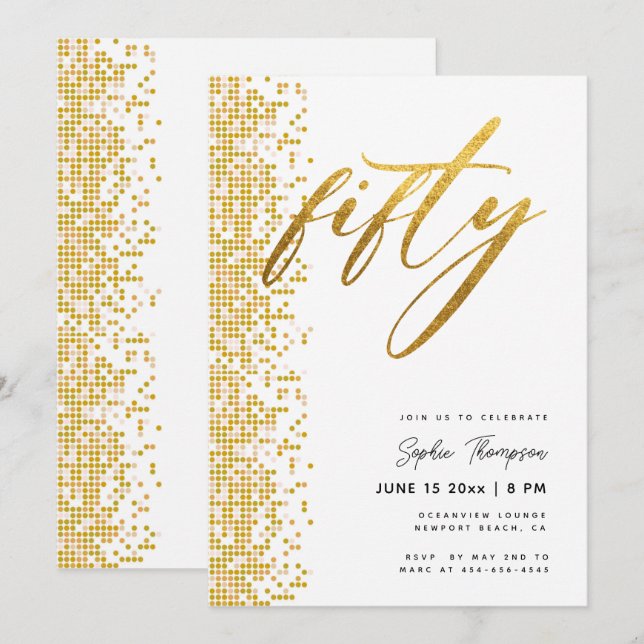 Convite Glitter Geométrico Dourado Branco Elegante 50º Ani (Frente/Verso)