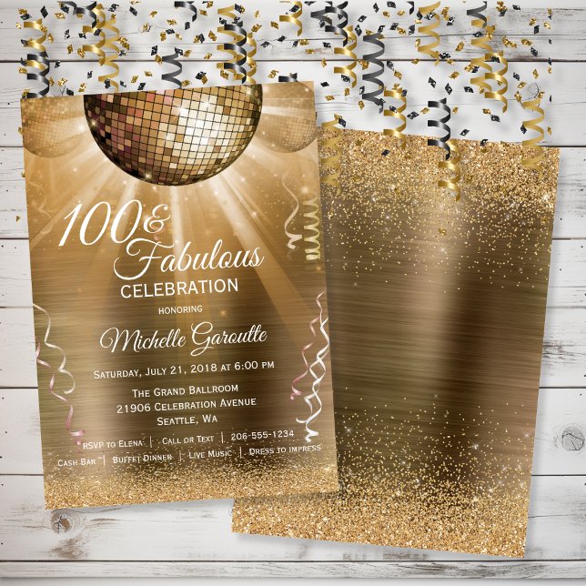Convite Glitter Glam 100 Dourado e Bola de Disco Fabulosa (Gold Glitter Glam 100 and Fabulous Disco Ball Invitation)