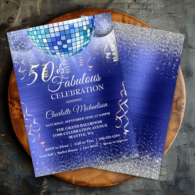 Convite Glitter Glam 50 e Fabuloso Blue Disco Ball (Glitter Glam 50 and Fabulous Blue Disco Ball Invitation)