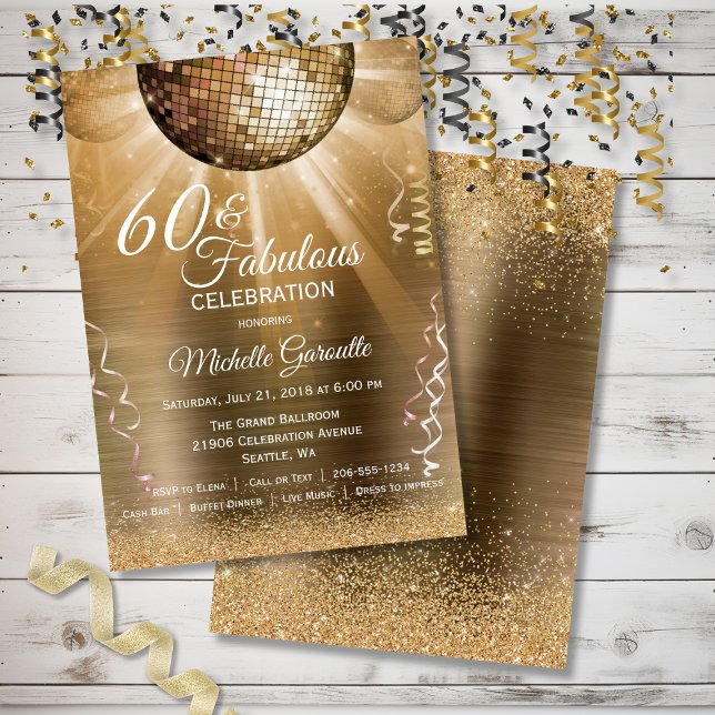 Convite Glitter Glam 60 e Fabulosa Bola de Disco Dourada (Glitter Glam 60 and Fabulous Gold Disco Ball Invitation)