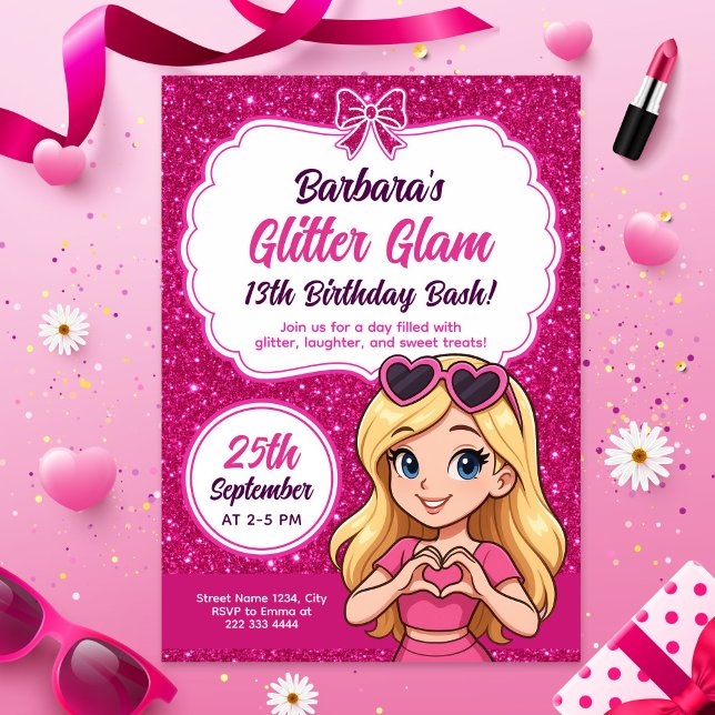 Convite Glitter Glam Birthday Bash Editável Cintilante (Criador carregado)