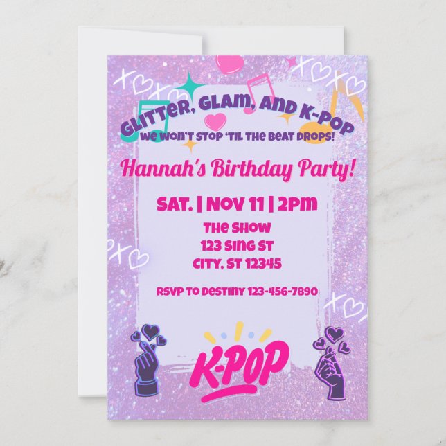 Convite Glitter, Glam, & K-Pop Birthday Party (Frente)