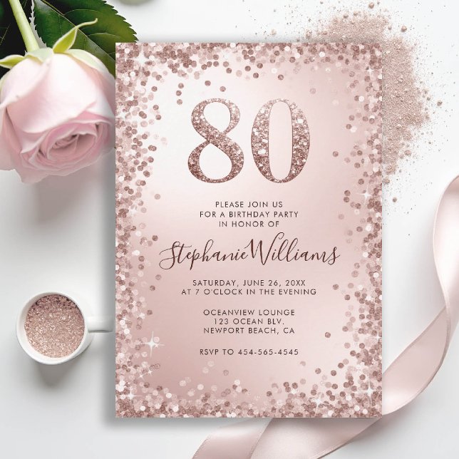 Convite Glitter Glam Sparkles Rosa Dourada 80 Aniversário (80th birthday invitation for women glitter sparkle rose gold elegant glam luxury stylish classy)