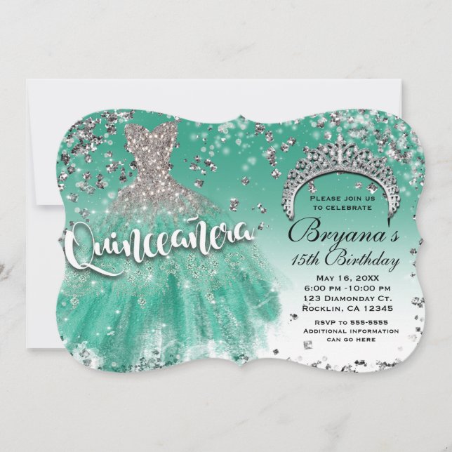 Convite Glitter Glamor de Silver Teal Quinceañera 15 (Frente)
